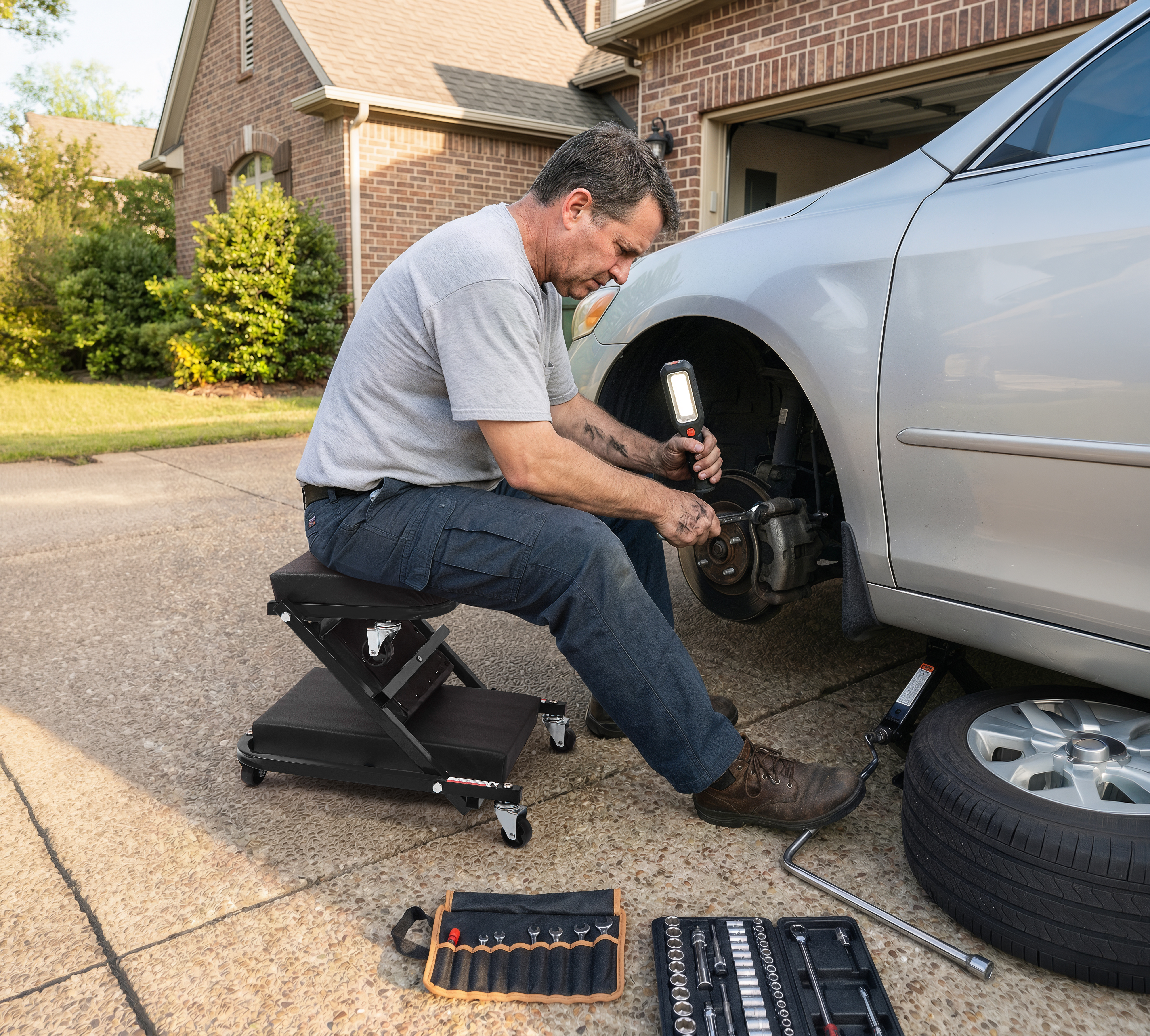 Autozas-branded mechanic lying on Black ergonomic creeper performing professional under-vehicle maintenance — Autozas logo clearly visible on headrest