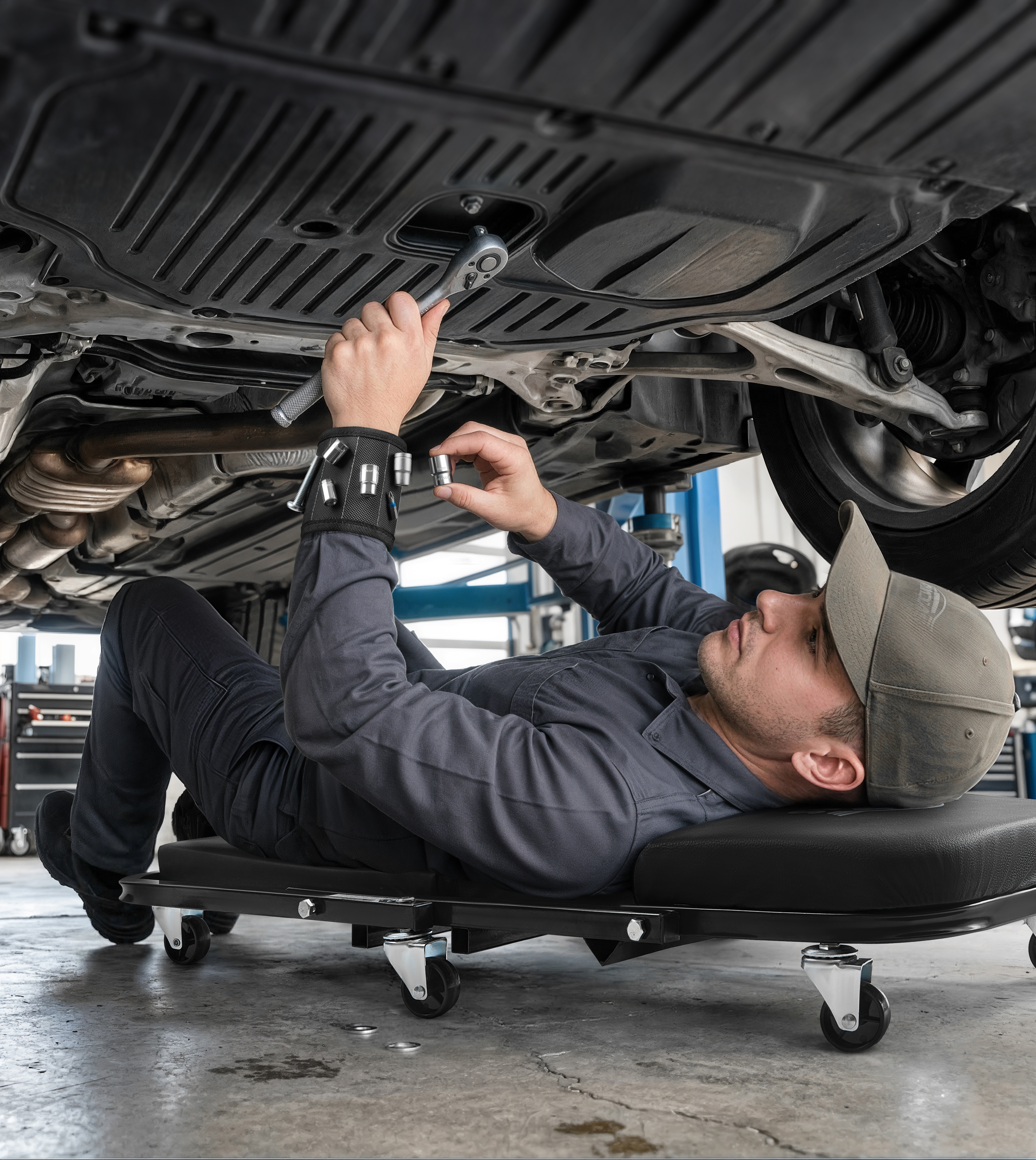 Professional mechanic on Autozas Black creeper tightening suspension bolts with socket wrench under a raised vehicle
