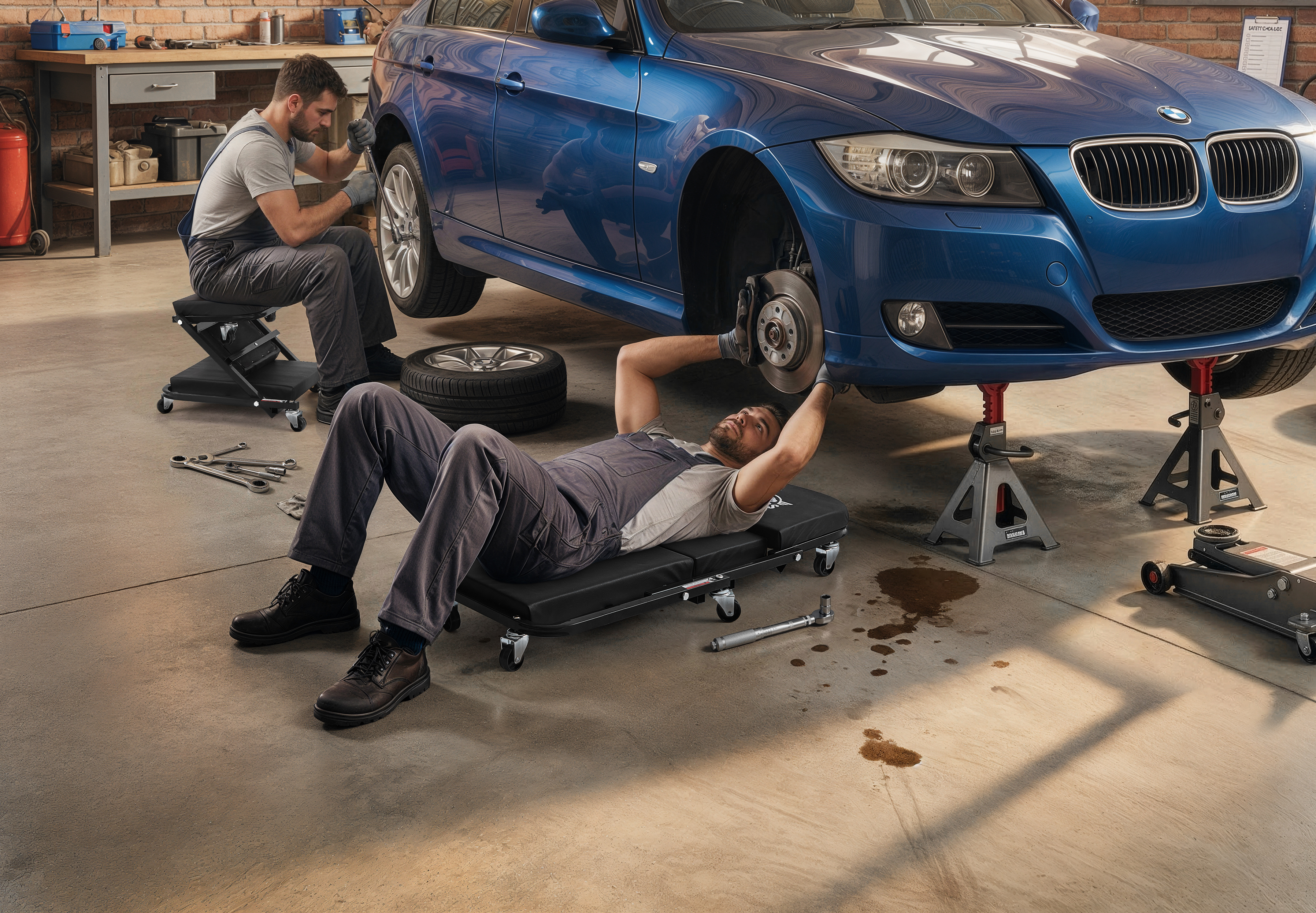 DIY homeowner seated on Autozas Black shop stool performing driveway brake caliper and rotor replacement