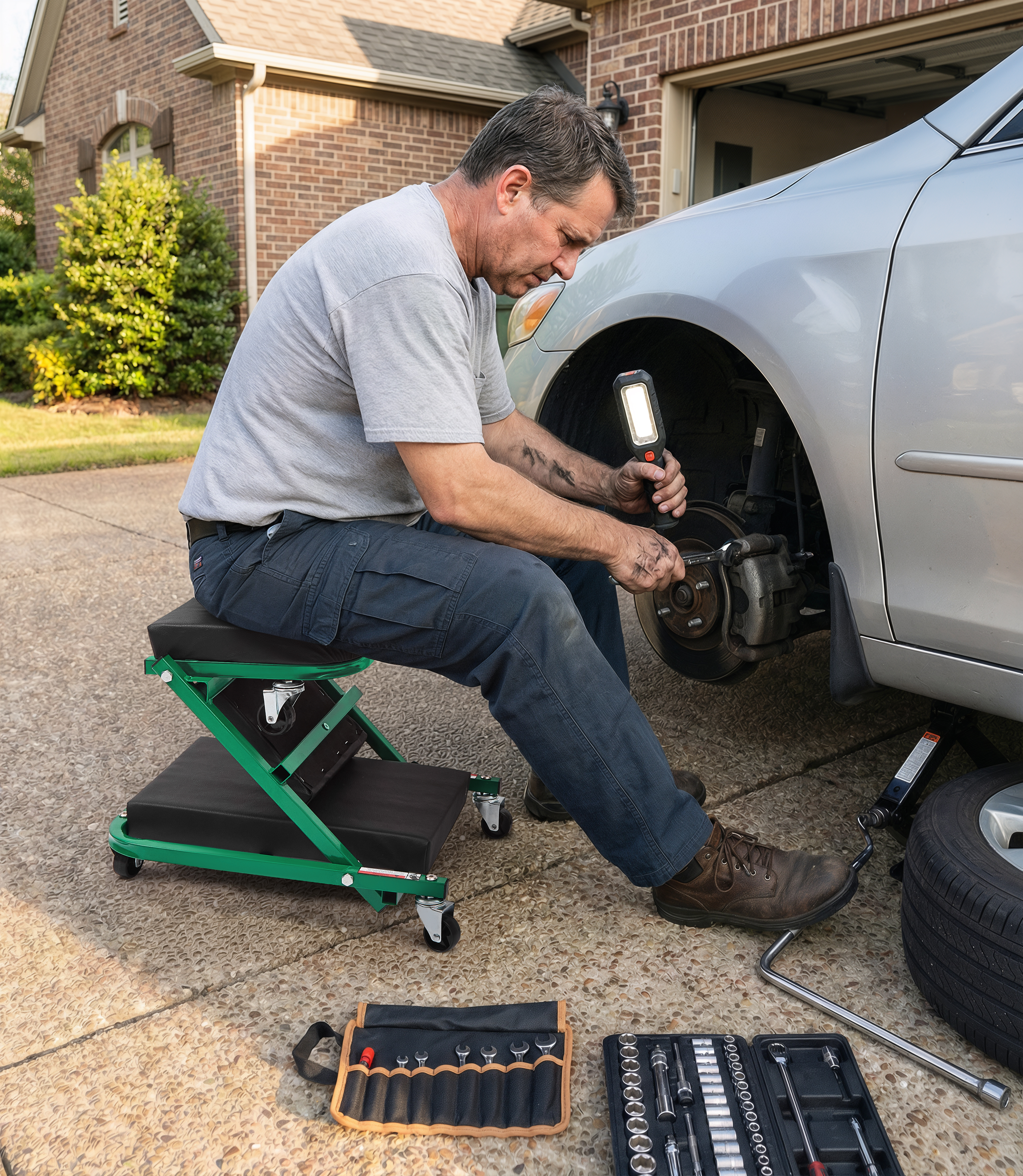 Autozas-branded mechanic lying on Green ergonomic creeper performing professional under-vehicle maintenance — Autozas logo clearly visible on headrest