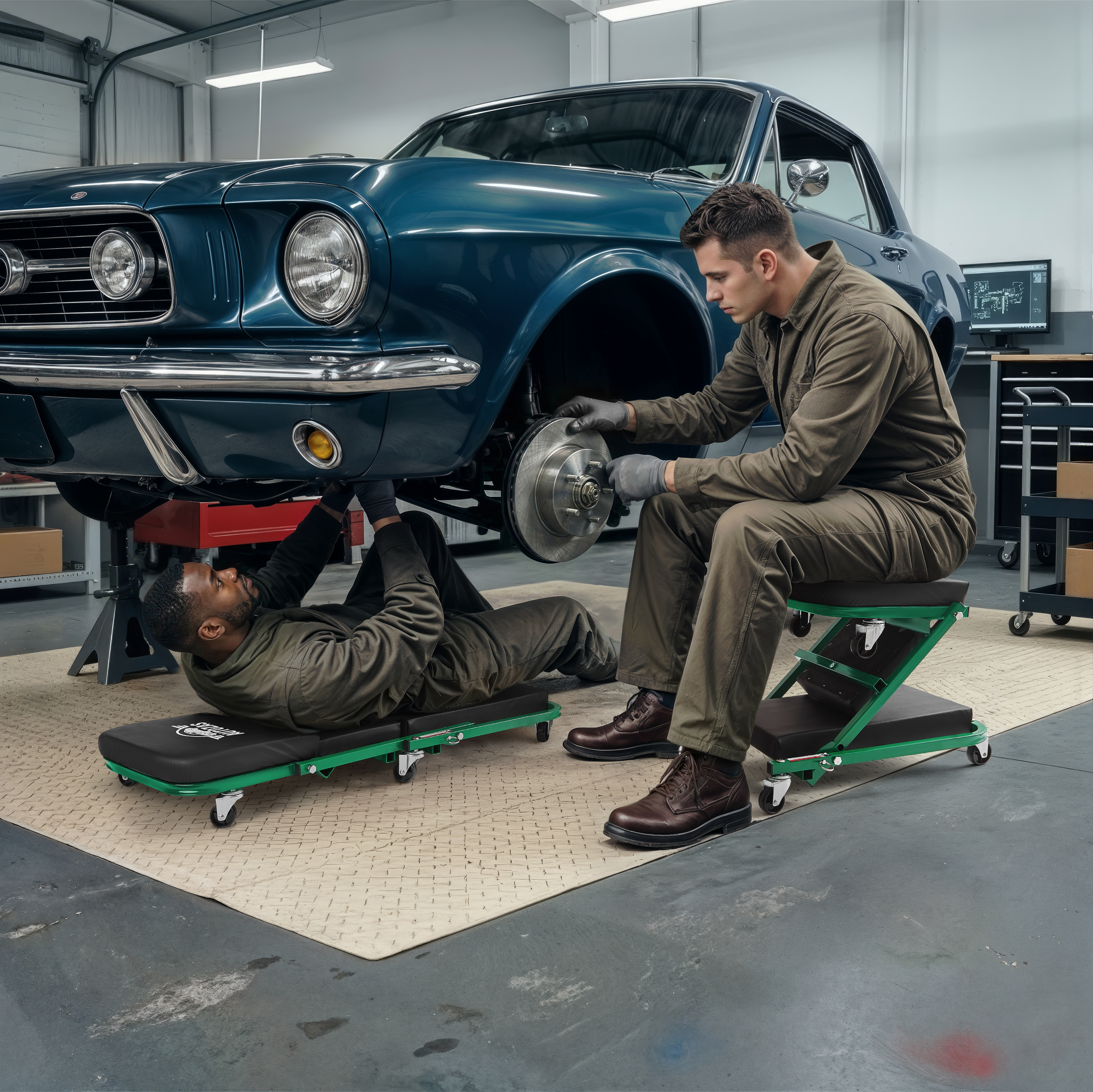 Two mechanics using the Autozas Green 2-in-1 Mechanic Creeper and Shop Stool while servicing a classic Ford Mustang in a professional garage