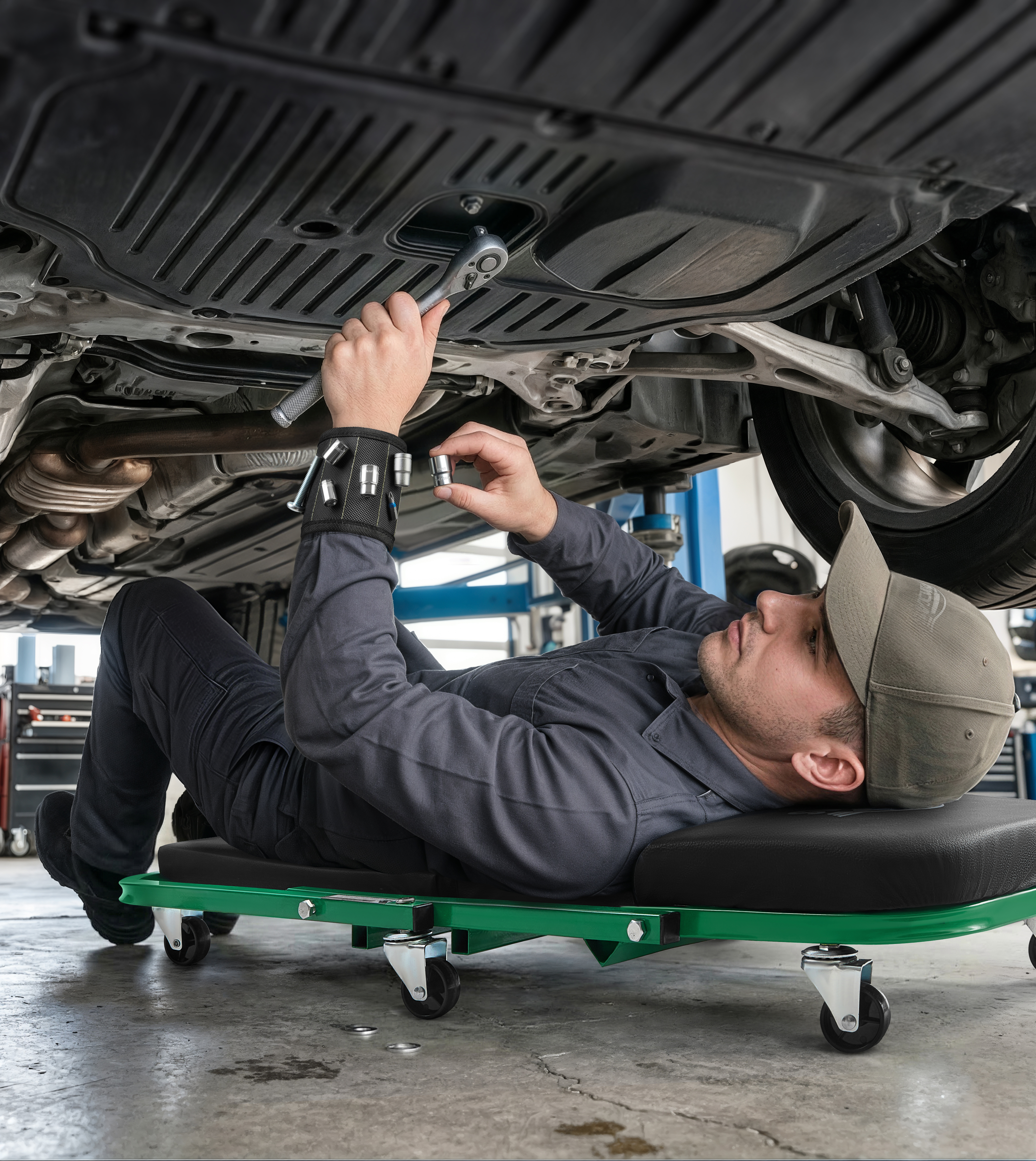 Professional mechanic lying on Autozas Green creeper using torque wrench for chassis bolt tightening under a lifted vehicle